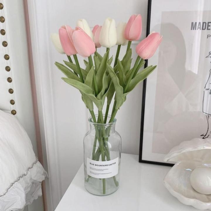 Kunstblumen Simulations-Tulpenstrauß in Glasvase, künstlicher gefälschter Blumentopf für Tischdekoration, Badezimmer-Ornamente im Innenbereich für jeden Anlass