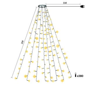 Led-clusterlichtsnoer, werkt op stroom, decoratie voor binnen en buiten, tuin, kerstboom, bruiloft (warmwitte timer met ring, 280 leds, 8 strengen)