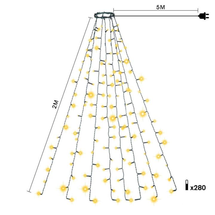 Led-clusterlichtsnoer, werkt op stroom, decoratie voor binnen en buiten, tuin, kerstboom, bruiloft (warmwitte timer met ring, 280 leds, 8 strengen)