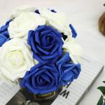 Kunstbloemen, rozen, 25 stuks kunstrozen met steel, doe-het-zelf decoratie, voor bruiloft, boeketten, bruid, woondecoratie, ivoor en blauw
