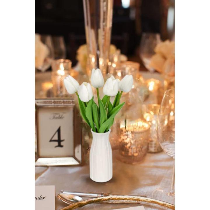 Kunstbloemen, kunsttulpen, net als echte echte tulpen, hoogte 30 cm, met vaas van keramiek, decoratieve kunstplant (wit)