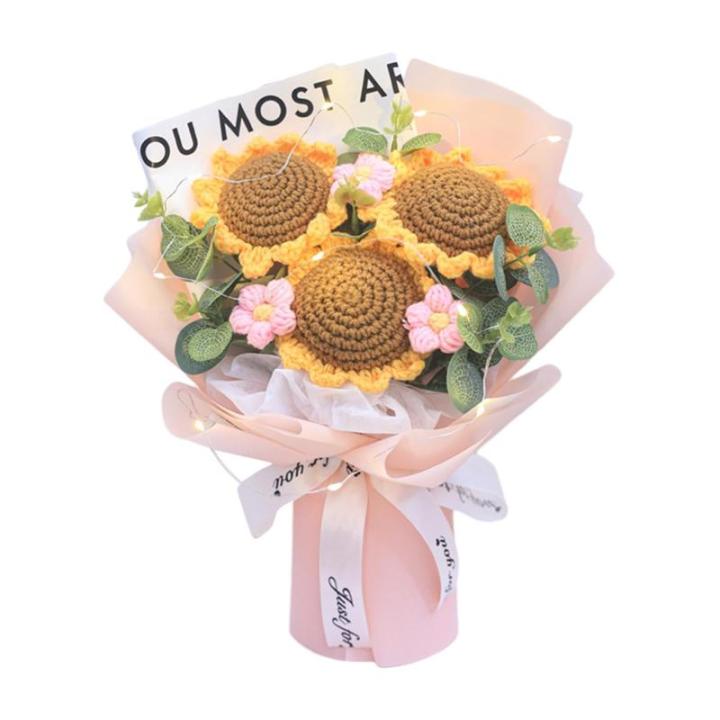 Led-gehaakte Boeket van kunstbloemen, handgemaakt gebreid kunstboeket voor Valentijnsdag, roze