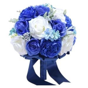 Hochzeitsbrautstrauß mit künstlichen Blumen, Hochzeitsstrauß, Hochzeitsbrautsimulation mit Rosen, Fotoshooting mit künstlichen Blumen(Blue)