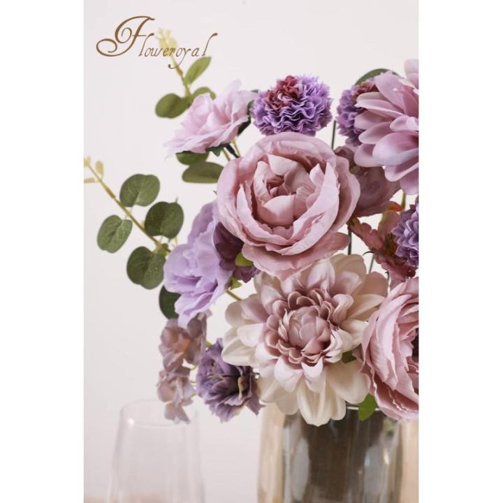 Künstliche Blumen Combo Lila Blumen Mix Seide Blumen Dahlie Rosen mit Stielen für DIY Hochzeit Brautsträuße, Babyparty, Blumenarrangement, Tischaufsätze, Heimdekorationen.
