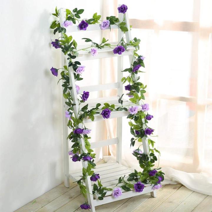 2 stuks 240 cm lange tweekleurige kunstrozenslinger-ranken, hangende zijden bloemen, voor buiten- en binnen, bruiloft- en muurdecoratie (paars)