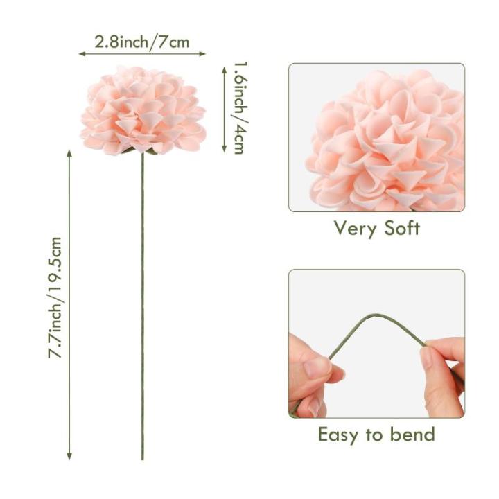 , 20 stuks dahlia-bloemen met bladeren en stelen, doe-het-zelf roze dahlia-schuim bloem voor bruiloft, boeketten, bloemen, centerpieces, arrangementen feesttafels,