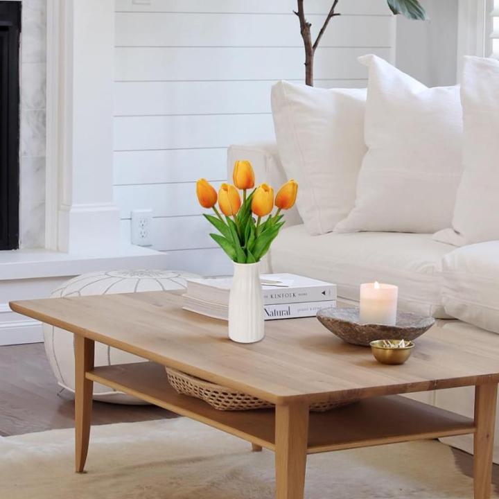 Kunstbloemen kunsttulpen bloemen als echte real touch tulpen, hoogte 30 cm, met vaas van keramiek, decoratieve kunstplant (oranje)