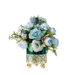 Kunstblumen Künstliche Seidenblumen mit Vase, gefälschte Blumenarrangements, Leichter Luxus-Metallständer, Keramiktopf für Zuhause, Hochzeitsdekoration für jeden Anlass