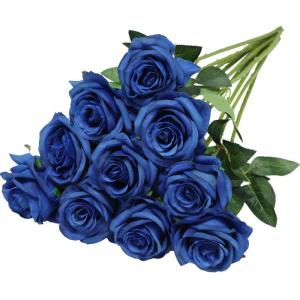 Kunstmatige Zijde Roos Bloem Enkele Stam Levensechte Nep Roos voor Bruiloft Boeket Bloemenarrangementen Huis Feest Bloemstuk Decoratie, 10 stuks (Blauw)