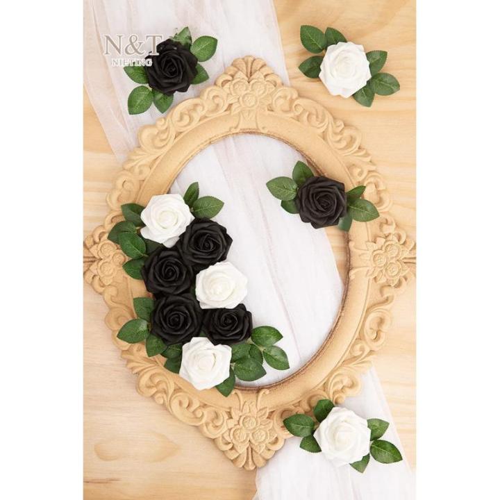 Kunstbloemen, rozen, 25 stuks, kunstrozen met stelen, kunstbloemen voor doe-het-zelf bruiloft, boeketten, bruid, babyshower, woondecoratie, wit en zwart