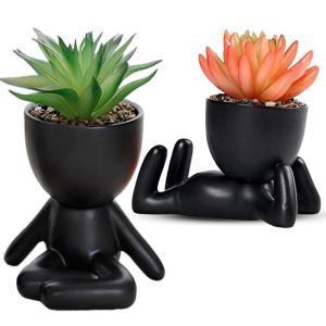 Leuke mini-bloempotten van keramiek, met kunstmatige vetplanten, 2 stuks creatieve kleine figuren voor binnen, kleine bloempotten voor tafel, terras, woondecoratie (zwart)