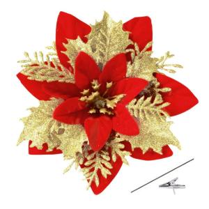 Kunstbloemen, Poinsettia, glitter, kerstbloemen met clips, kerstbloemen, ornamenten voor doe-het-zelf kransen, slinger, huis, feestdecoratie, 15 stuks, 14 cm, rood goud