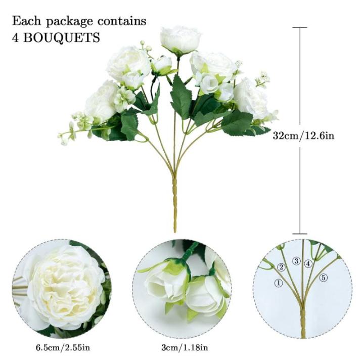 4 trossen pioenrozen voor decoratie kunstrozen nepboeket echte touch zijden bloemen voor vaas bruiloft woondecoratie (wit)