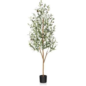 Kunstmatige olijfboom, 150 cm, grote kunstplant met natuurlijke houten stam en vruchten, kunstmatige olijfboom in pot, voor huis, slaapkamer, kantoor, tuindecoratie (1 stuks)