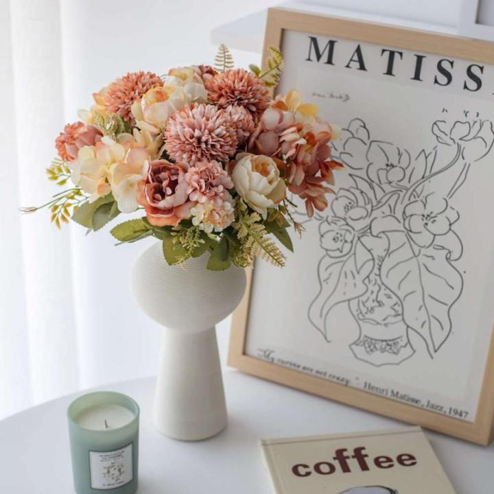Künstliche Blumen,Kunstblumen wie echt Blumen Deko Künstlich Pfingstrose Seide Hortensien Dekoration Blumenarrangements Hochzeit Blumenstrauß(Cremeorange)
