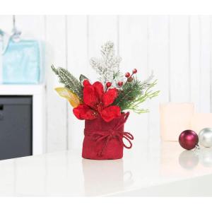 Decoratieve bloemen: kerststuk met bloemen, takken, bessen en kunstsneeuw, 27 cm (winterdecoratie, adventsstuk, kerstster)