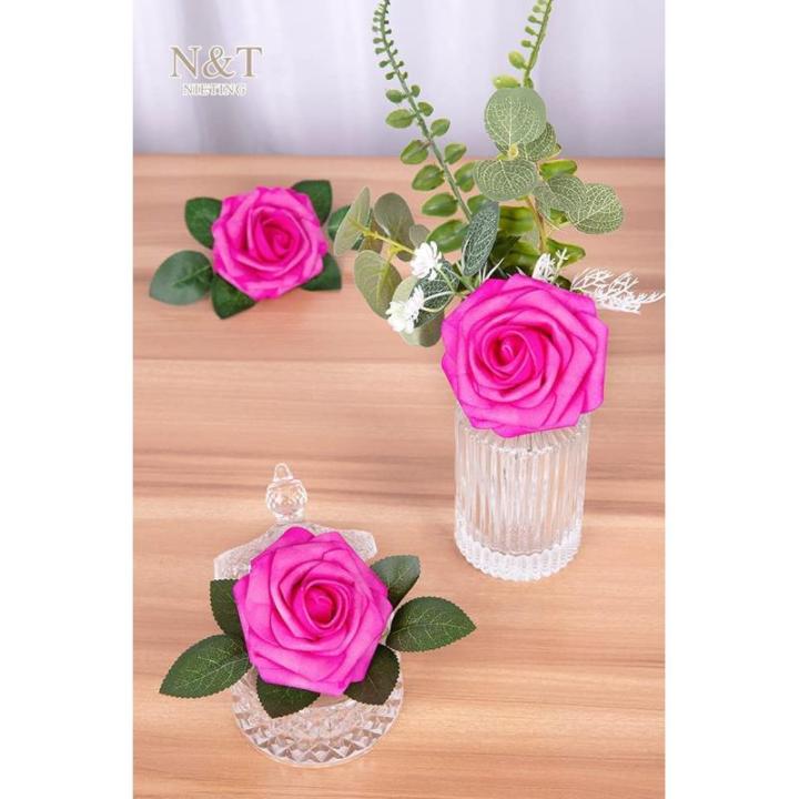 Kunstrozen, 25 stuks schuimrozen, kunstrozen met steel, voor bruiloft, boeketten, bruid, babyshower, feest, woondecoratie, fuchsia