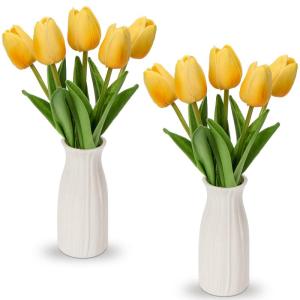 Kunstbloemen kunsttulpen bloemen als echte echte tulpen, hoogte 30 cm, met vaas van keramiek, decoratieve kunstplant (geel)