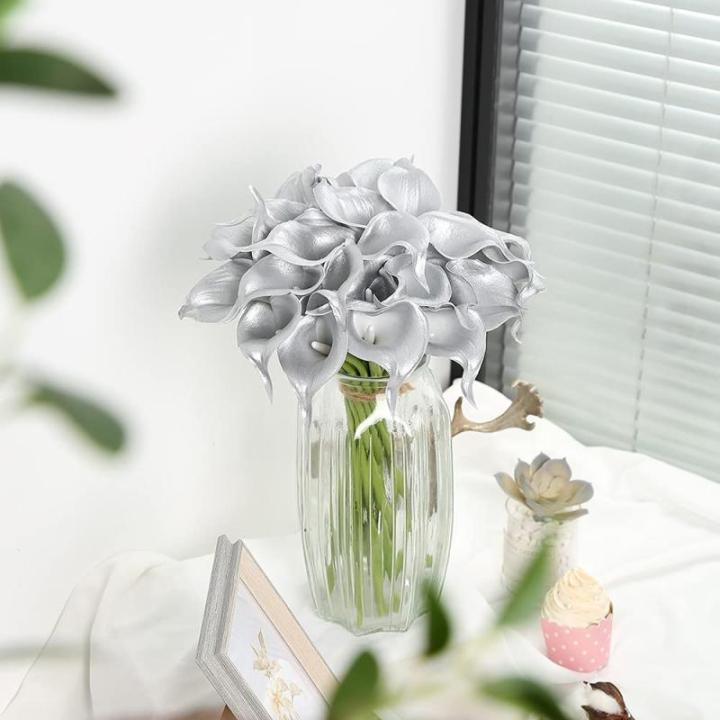 Künstliche Calla-Lilien aus Silber, 24 Stück, silberfarbene Blumen für selbstgemachte Hochzeitssträuße, Tafelaufsätze, Brautparty, Party, Zuhause, Blumenarrangement, Dekorati