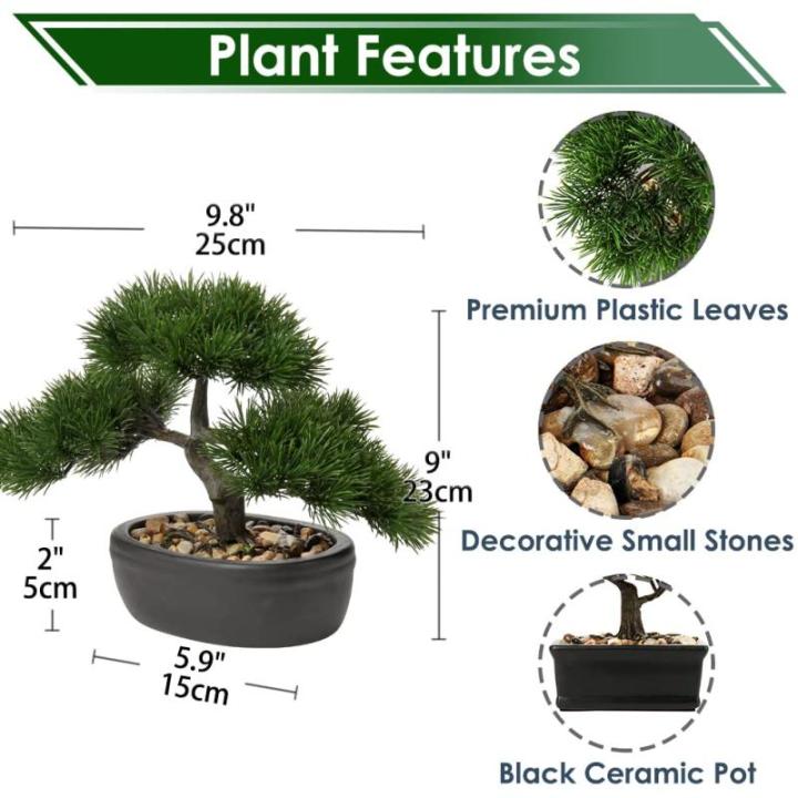 Kunstbonsai Natuurgetrouwe kunstplant, kunstboom, bonsai, ceder, grenen, podocarpus, plastic plant, kunstplant met keramische pot in zwart, voor badkamerdecoratie, desktop, kantoor