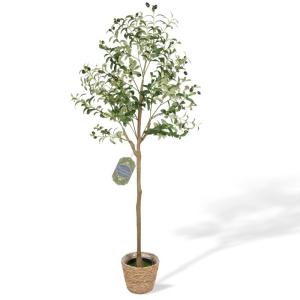 150 cm, olijfboom, kunstboom in pot, olijfboom, kunstgroot, met gevlochten mand, als echt met levensechte vruchten, voor thuis, kamerdecoratie, slaapkamer