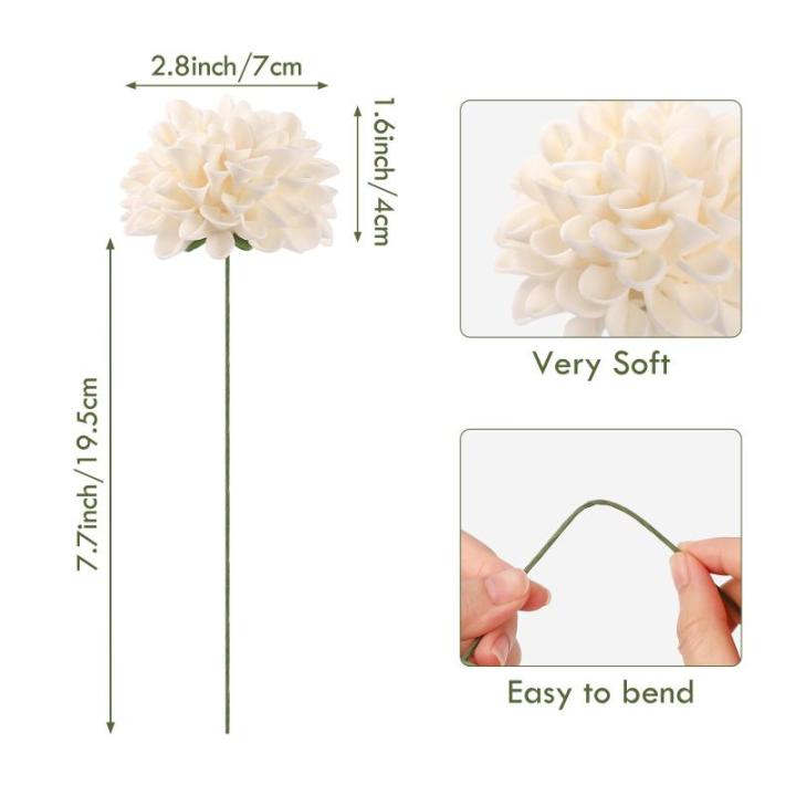 , 20 stuks dahlia-bloemen met bladeren en stelen, doe-het-zelf crème dahlia schuim bloem voor bruiloft boeketten bloemen centerpieces arrangementen feesttafels woondecoratie