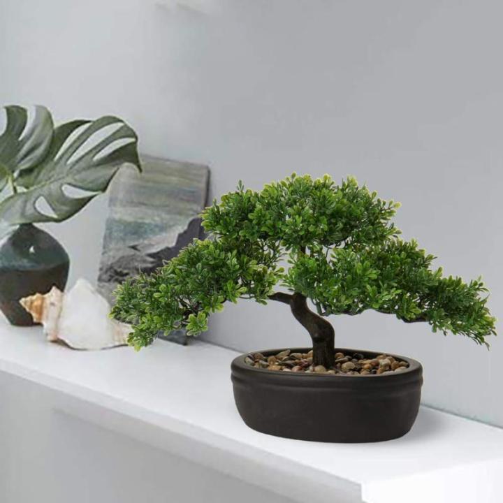 Kunstbonsai Natuurgetrouwe kunstplant, kunstboom, bonsai, ceder, grenen, podocarpus, plastic plant, kunstplant met keramische pot in zwart, voor badkamerdecoratie, desktop, kantoor