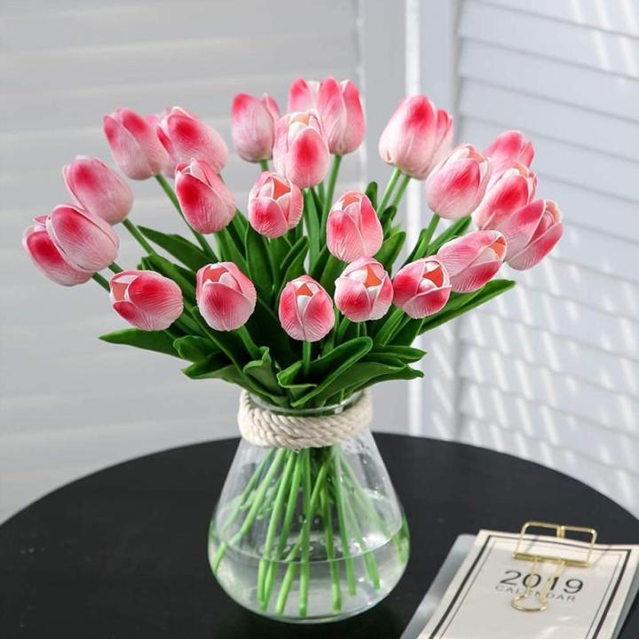 20 stuks PU Real Touch Latex Kunstmatige tulpen neptulpen bloemen boeketten bloemenarrangement voor huis kamer bruiloftsboeket middenstuk, roze