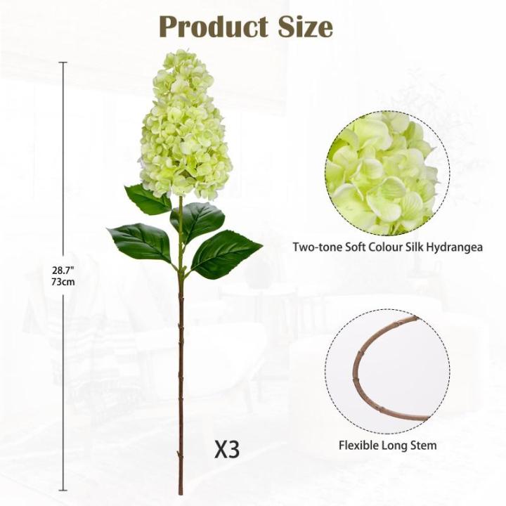 Set van 3 kunstmatige hortensia's kunstbloemen als echte lentebloemen, pluimhortensia, 73 cm, groene decoratieve bloemen, kunsttakken voor bloemstuk, thuis, resto, lentedecoratie