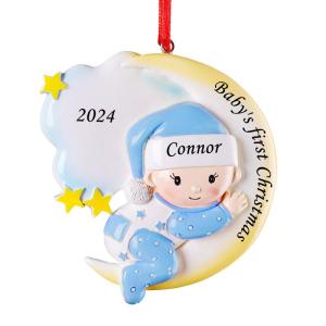 Gepersonaliseerde kersthangers met de naam Baby's eerste Kerstmis - 2023 kunsthars kerstboomversiering gepersonaliseerde , cadeaus voor baby's, zoon, kleinkinderen maan