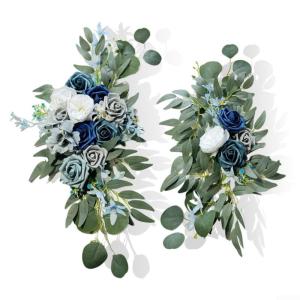 2 Stück Künstliche Stuhl Zurück Blumen, Blau Weiß Simulierte Bouquet Stuhl Zurück Blumen Hochzeit Willkommen Blumen