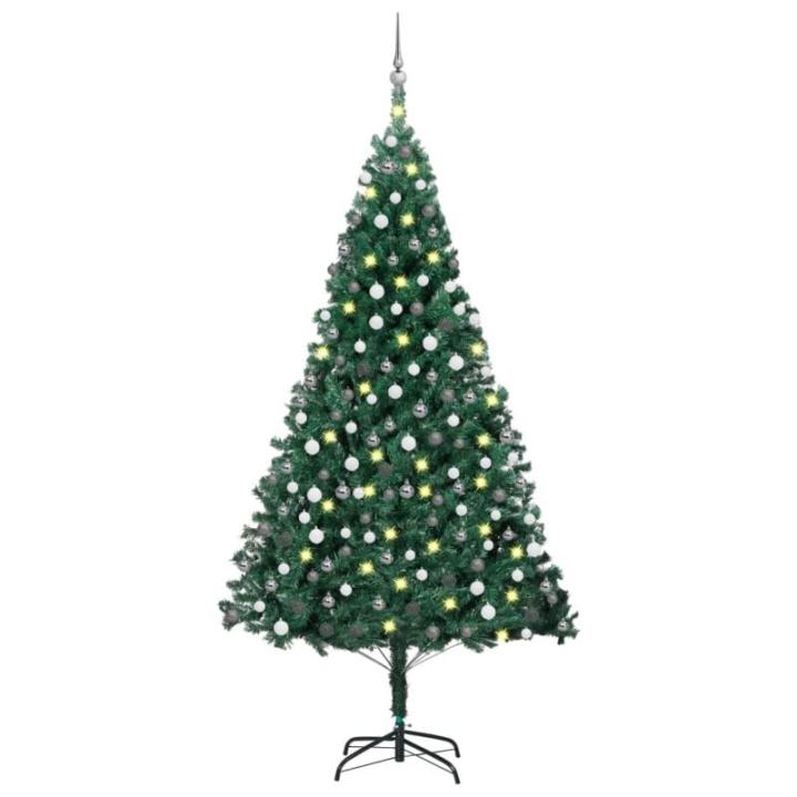 Kunstkerstboom met verlichting en ballen, dennenboom, kerstboom, decoratieve boom, kunstboom, kerstdecoratie, kerstdecoratie, kerstsfeer, kerstdecoraties, groen, 210 cm