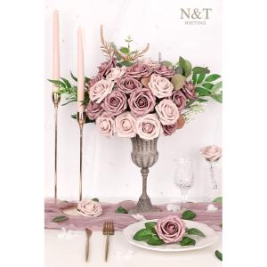 Kunstbloemen, 25 stuks echte rozenblaadjes met steel voor doe-het-zelf bruiloftsboeketten, bruidsfeeststukken, bloemstukken, feesttafels, woondecoraties (taupe en naakt)