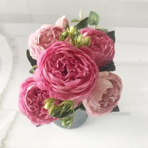 Rose Pink Silk Peony Bloemen Boeket 5 Grote Hoofd en 4 Knoppen Nep Bloemen voor Thuis Bruiloft Decoratie Indoor (B,6 * 30cm)