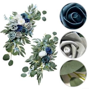 2 Stück Künstliche Stuhl Zurück Blumen, Blau Weiß Simulierte Bouquet Stuhl Zurück Blumen Hochzeit Willkommen Blumen