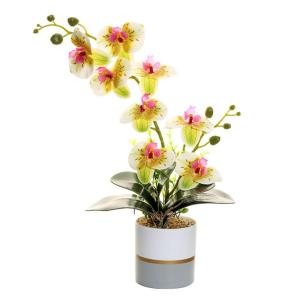 Kunstgele tweetartige orchideeënbloem in pot, siliconen bloempot, phalaenopsis, 8-koppige phalaenopsis met bloempot, witte vlinder simulatiebloem (geel)