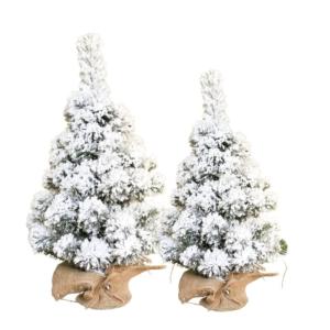 - 2 stuks set mini-kunstkerstboom met sneeuw, 60 en 80 cm hoog, sneeuwbedekte kleine kerstboom, kunstsneeuw en decoratief jutemateriaal, kerstdecoratie, gemaakt in de EU