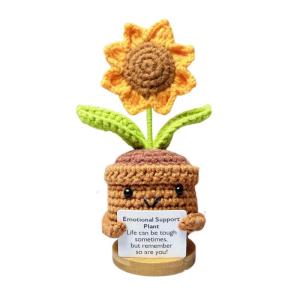 Handgefertigte Häkelblumen, Strickpuppe, Emotionale Unterstützung Lustige Häkelblume, Kleine gestrickte Schreibtischdekoration im Topf, süße gehäkelte Sonnenblumen für Kinde