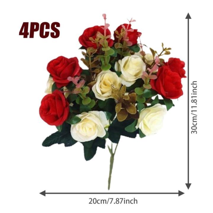 4 bundels begraafplaatsbloemen voor graf, rode begraafhofbloemen voor graf, valse rozen kunstbloemen voor graven, 12 bloemkoppen, zijden gedenkbloemen voor grafvaas, kunstbloemen 1