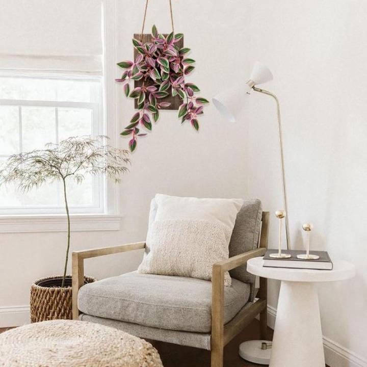 Kunstplant als echte kunstmatige tradeskantie, hangplant, decoratieve plant met houten plaat, hoogte 84 cm, voor muur, veranda, café, trap, tuin, huisdecoratie