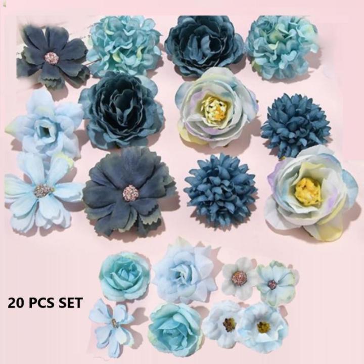 20 stuks blauwe om te knutselen, roos, , hortensia, dahlia's, madeliefjes, bloemen, decoratie, zijden bloemen, hortensia's voor doe-het-zelf bruiloftsboeketten
