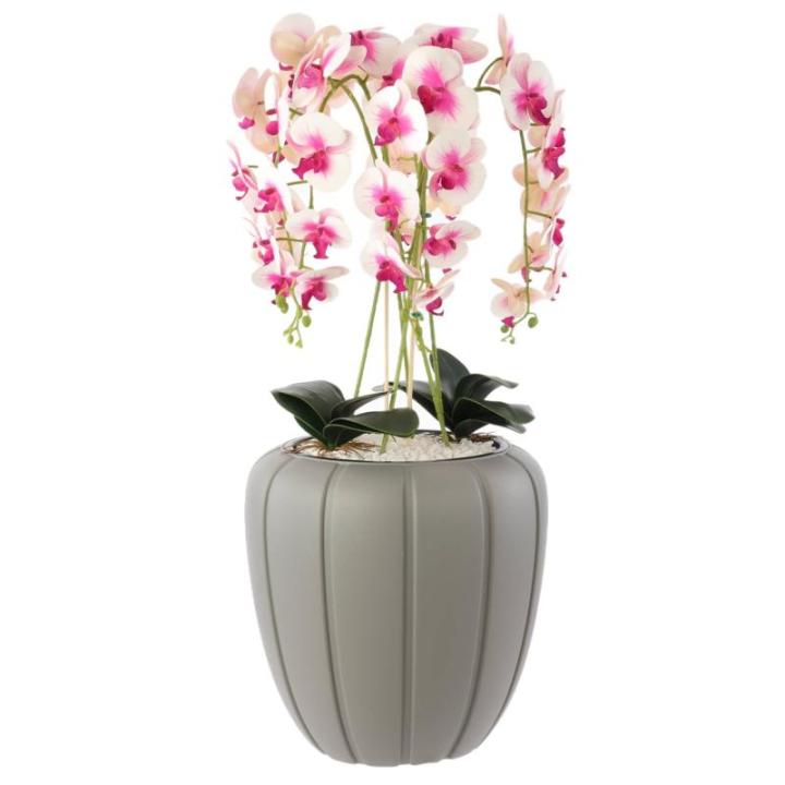 Kunstorchidee, cascade, bloemenboeket, crèmerosa in pot, grijs, 90 cm hoog, rubberen bloemen, 5 scheuten, decoratie voor thuiskantoor