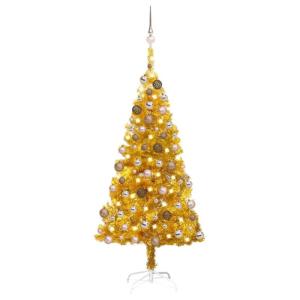 Künstlicher Weihnachtsbaum Beleuchtung & Kugeln Gold 150 cm PET, Tannenbaum Künstlich, Christmas Tree, Tannenbaum Deko, Weihnachtsbäume, Christbaum - 3077604