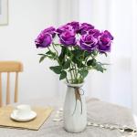 Kunstmatige Zijde Roos Bloem Enkele Stam Levensechte Nep Roos voor Bruiloft Boeket Bloemenarrangementen Huis Feest Bloemstuk Decoratie, 10 stuks (Paars)