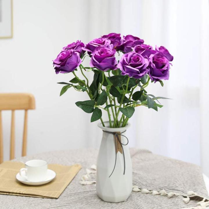 Kunstmatige Zijde Roos Bloem Enkele Stam Levensechte Nep Roos voor Bruiloft Boeket Bloemenarrangementen Huis Feest Bloemstuk Decoratie, 10 stuks (Paars)