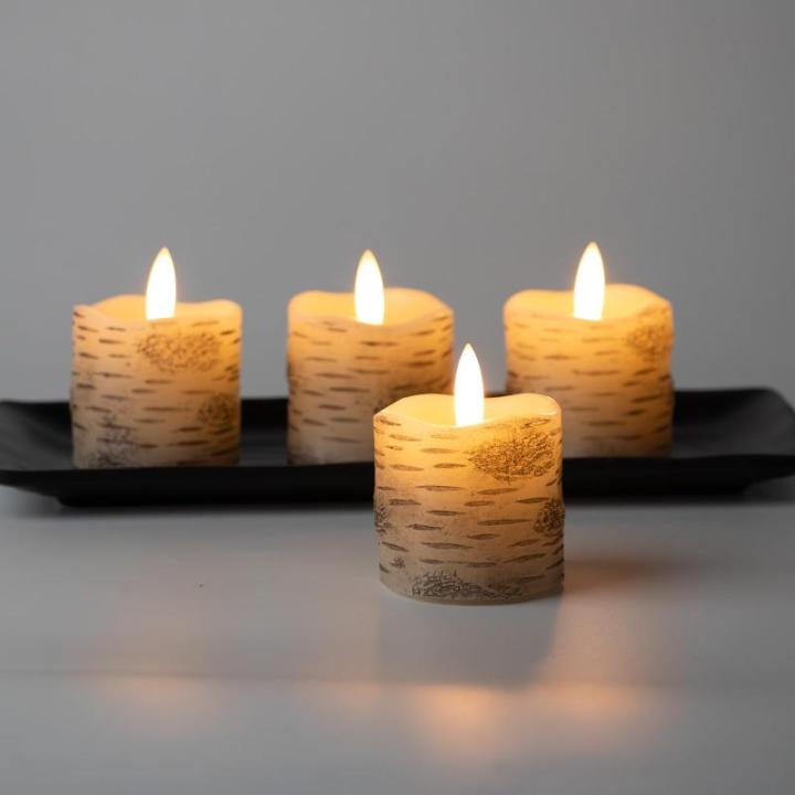 4 Witte Berken LED Kaarsen met Timerfunctie, Vlamloze Votiefkaarsen gemaakt van echt wax voor bruiloften, Batterij-aangedreven theelichtjes voor Kerstmis - D5cm