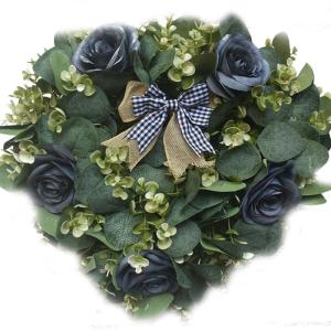 Vintage Herz-förmigen Girlande Künstliche Rose Blume Kranz mit Grün Blätter Leinen Plaid Bowknot Hochzeit Party Decor