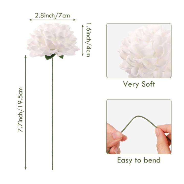 , 20 stuks dahlia-bloemen met bladeren en stelen, doe-het-zelf witte dahlia-schuim bloem voor bruiloft, boeketten, bloemen, centerpieces, arrangementen feesttafels,