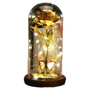 Ewige Rose im Glas mit Licht, Weihnachtsglasabdeckung, simulierte Rosenlichtdekoration, Geburtstagsgeschenk für Frauen Hochzeit Jahrestag Valentinstag(Gold,)