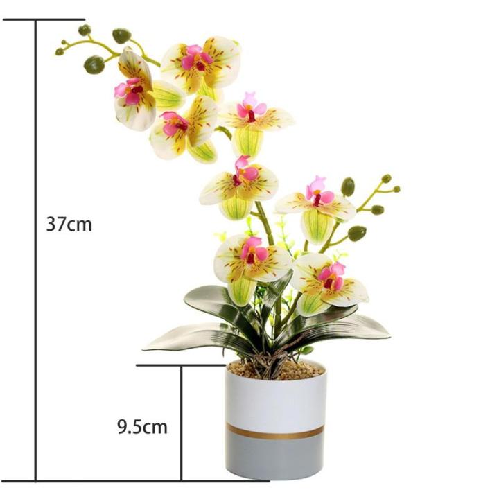 Kunstgele tweetartige orchideeënbloem in pot, siliconen bloempot, phalaenopsis, 8-koppige phalaenopsis met bloempot, witte vlinder simulatiebloem (geel)